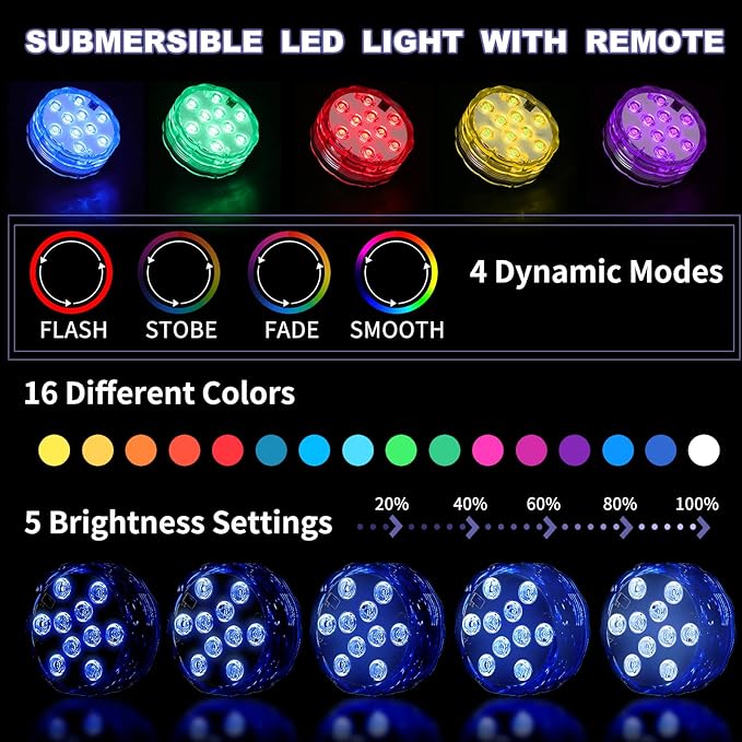 Mudder 12 Pack Submersible LED Lights with Remote 2.8" Hot Tub Lights Waterproof Pool Underwater LED Light Battery Operated Bathtub Lamp 16 Color Changing Lamp for Pool Pond Vase Aquarium Decoration