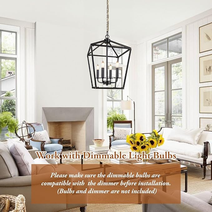 Farmhouse Chandelier 4-Light, Black & Gold Pendant Light Fixture for Kitchen Island Dining Room, Lantern Industrial Lighting Ceiling Hanging with Metal Cage Adjustable Height for Entryway Foyer