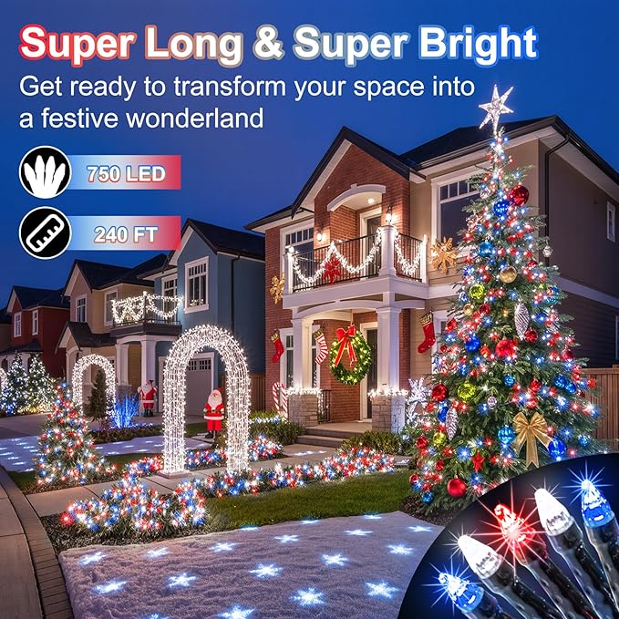 750 LED 240FT Christmas String Lights Outdoor, 12 Pro Modes and Timer Memory & Brightness, Plug in Waterproof Dark Green Wire Twinkle Light for for Xmas Yard Tree Wedding Party Decor Red White Blue