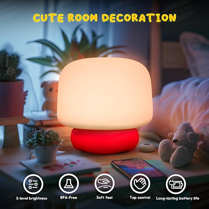 UNEEDE Mushroom Lamp for Kids Night Light,13 Sound Effects Toddler Night Light as Cute Mushroom Decor, Squishy Nursery Mushroom Night Light with Timer,Christmas Birthday White Elephant Gifts