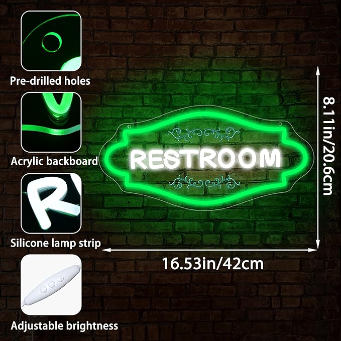 Restroom Neon Sign for Wall Decor Dimmable Toilet Neon Light for Home Bathroom LED Light for Commercial Space Birthday Gift for Bar Owners Home & Hospitality Hosts Size 16.5 * 8.1in(GLNP131)
