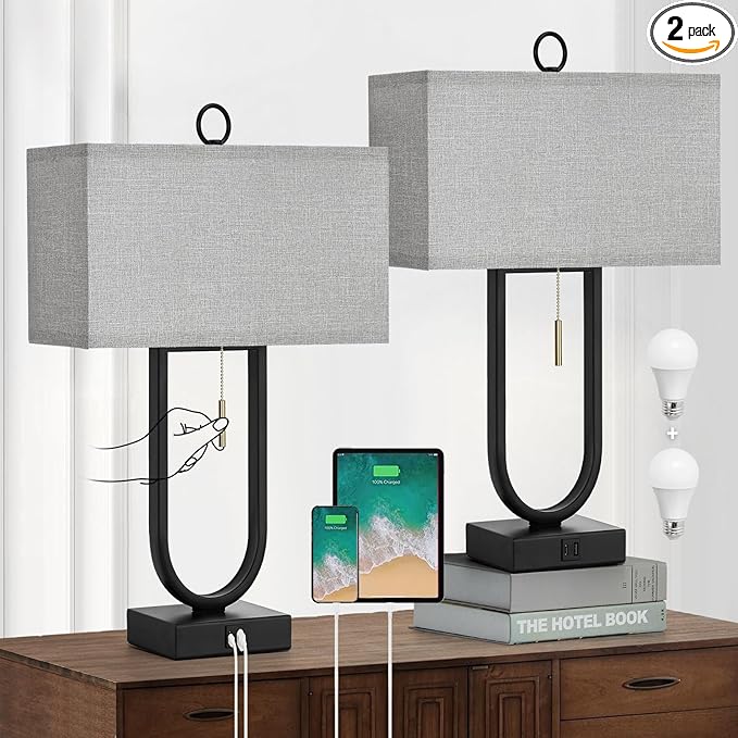 Luvkczc Nightstand Lamps Set of 2 with USB C+A Ports, 24'' Tall Table Lamp with Two 3000K LED Bulbs, Linen Lampshade, Modern Bedside Lamp for Living Room, Bedroom Reading,Grey