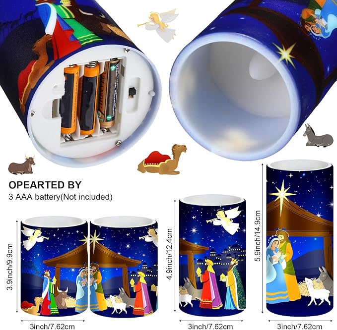 Tiamon Christmas Nativity Scene Candles LED Religious Theme Flameless Candles Battery Operated LED Warm Light Flickering Pillar for Xmas Holiday Table Decorations(Vivid)