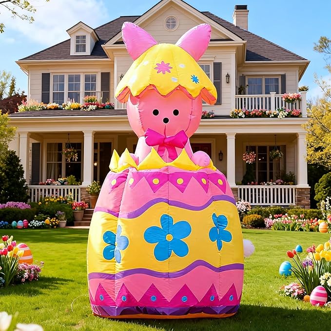 Domkom Up & Down 5.3FT Tall Easter Inflatable Bunny Outdoor Decorations, Build-in LED Lights Holiday Blow Up Yard Decoration, for Easter&Spring, Outdoor,Garden, Yard Lawn Décor