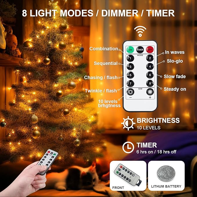 Aogist 50LED Fairy Lights 16ft Dual Power(USB/Battery) with Remote & Timer, 8 Modes Flexible Copper Wire Waterproof String Lights for Outdoor Christmas Wedding Bedroom Party Decor-1 Pack,Warm White