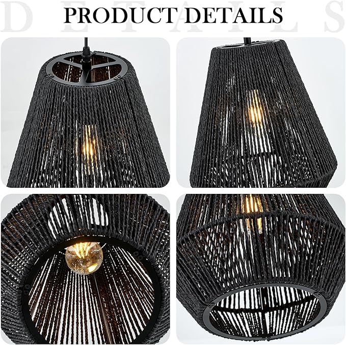 13” Boho Hand Woven Rattan Mini Chandelier Matte Black Classic Pendant Light for Kitchen Island Dining Room Hallway, UL Listed