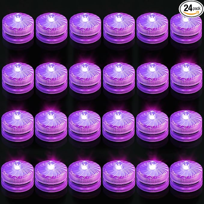 Purple Submersible Led Lights, Waterproof Tea Lights Underwater Mini Pool Lights Battery Operated Flameless for Vases Fountain Halloween Christmas Home Decorations (24 Pack)