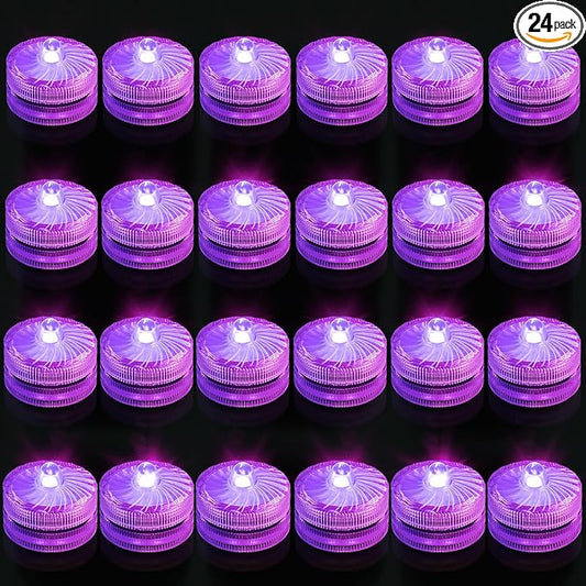 Purple Submersible Led Lights, Waterproof Tea Lights Underwater Mini Pool Lights Battery Operated Flameless for Vases Fountain Halloween Christmas Home Decorations (24 Pack)