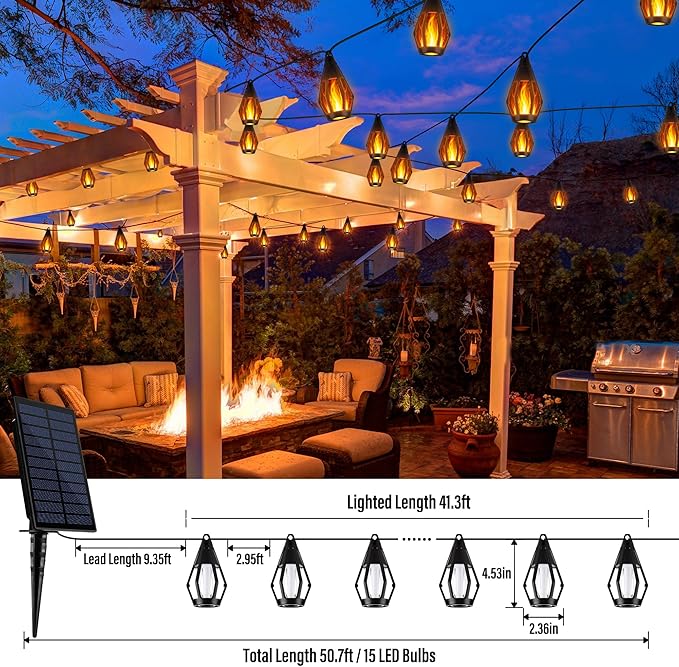 iBaycon Solar Flame Lights, 42Ft 15 LED Bulbs Flickering Flame String Light, Outdoor Waterproof Solar Flame Lights for Garden Yard Lawn Patio Decorations (Warm White)