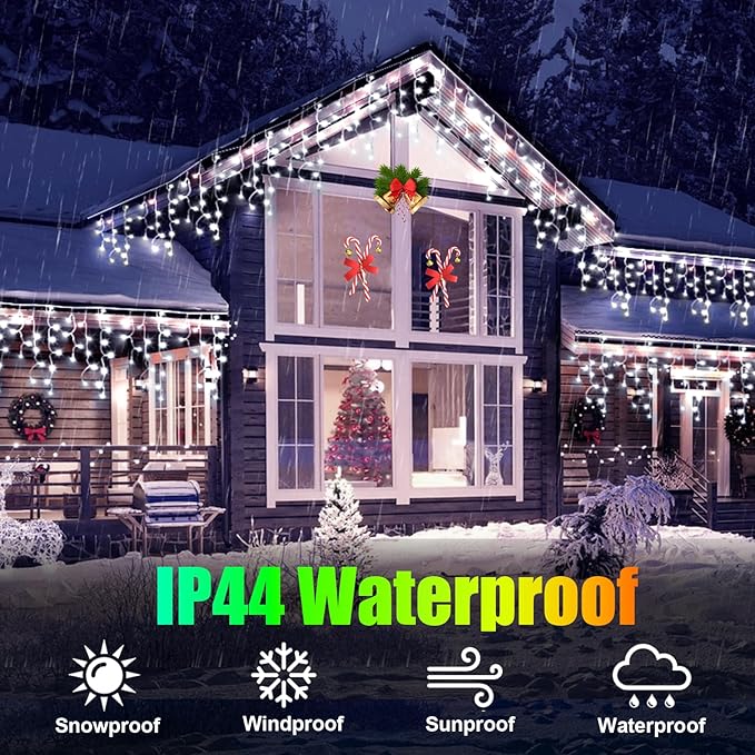 Christmas Lights Outdoor, 49FT 450 LED Ice Lights for Outside, Ice String Lights with 8 Modes, Waterproof Timer Memory Hanging Light for Eaves Party Yard Garden(Cool White)