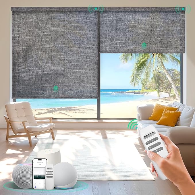 HeyBlinds Motorized Roller Shades, Smart Blinds for Windows, Remote Automatic Window Shades, Electric Shades, Light Filtering, Compatible with Alexa Google Apple Home (Grace-Stormy Gray LF)