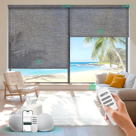 HeyBlinds Motorized Roller Shades, Smart Blinds for Windows, Remote Automatic Window Shades, Electric Shades, Light Filtering, Compatible with Alexa Google Apple Home (Grace-Stormy Gray LF)