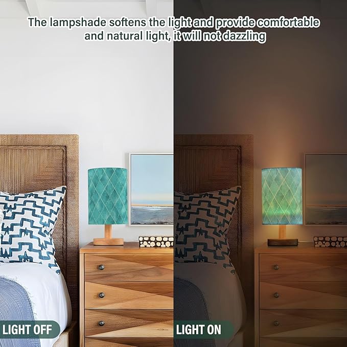 senya Table Lamp for Bedroom Living Room, Geometric Teal Turquoise Plaid Bedside Lamps with USB Charging Ports Nightstand Light Lamps