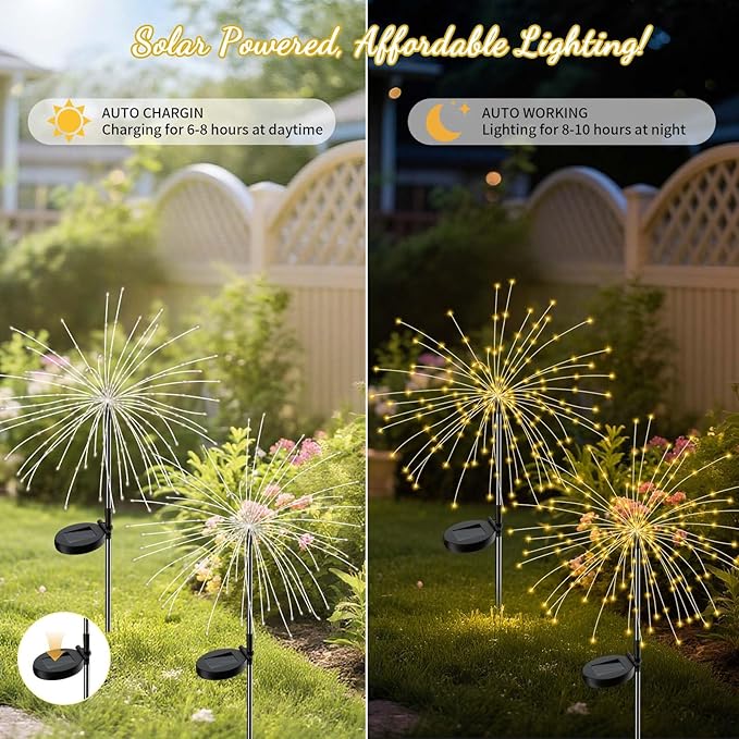 Solar Firework Lights Outdoor, 2 Pack 200 LED Fairy Lights with 8 Modes, Warm White Solar Garden Lights for Yard Pathway Lawn Patio Landscape Decor, Waterproof Fireworks for Outside