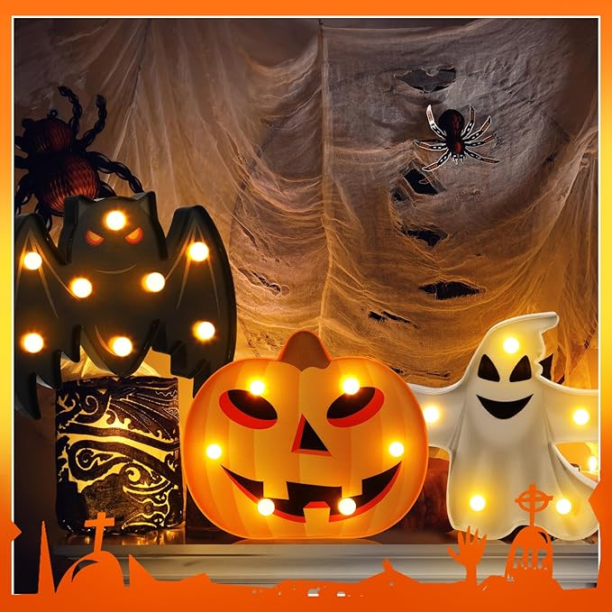 VIHOSE 3 Pcs Halloween Decoration Lights Halloween Marquee Sign Ghost Pumpkin Bat Lamp LED Desk Lamp Decorative Battery Operated Night Lights for Bedroom Table Indoor Outdoor Home Bar Party Gift