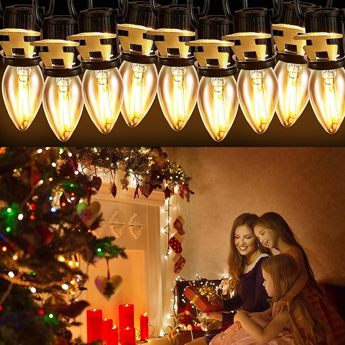 Meonum Accessory Cord with 9 LED Light Bulb, 16.4Ft C7 Christmas Village Lights Cord with Clip, Blow Mold Lights for Christmas String Lights, Village House Holiday Decoration(Black)