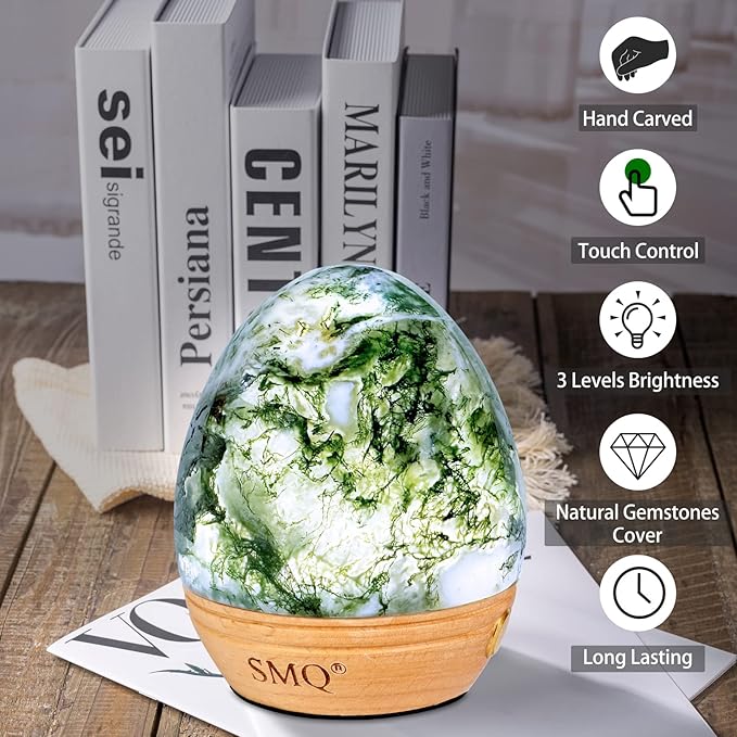 SMQ Moss Agate Crystal Night Light with Rechargeable 2 Colors Touch Control Table Lamp with Wooden Base for Kids Adult Living Room Bedroom(Egg-Shape)