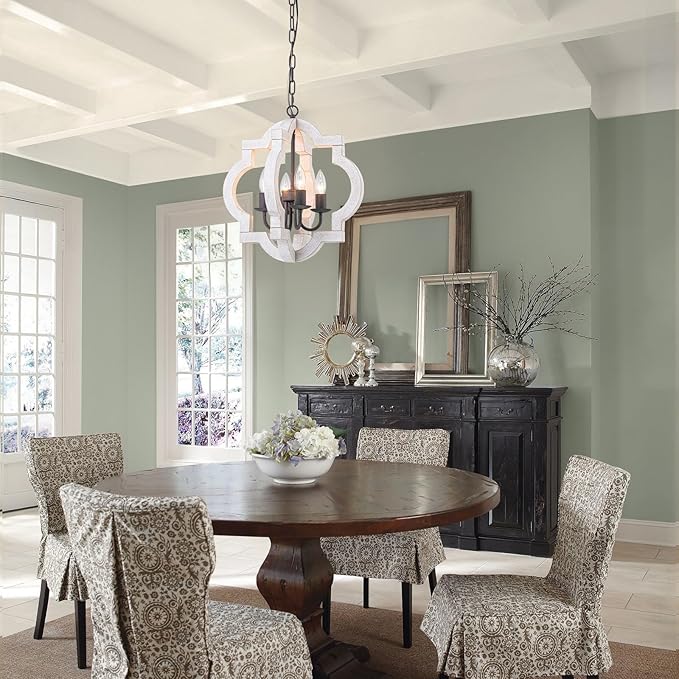 16" Oak Farmhouse Chandeliers for Dining Room Light Fixture Orb Distressed White Wood Pendant Light Kitchen Chandeliers Over Table Ceiling Hanging Light for Island Living Room Bedroom Entryway Foyer