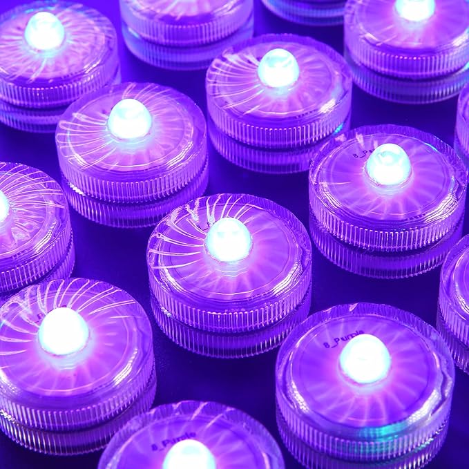Purple Submersible Led Lights, Waterproof Tea Lights Underwater Mini Pool Lights Battery Operated Flameless for Vases Fountain Halloween Christmas Home Decorations (24 Pack)