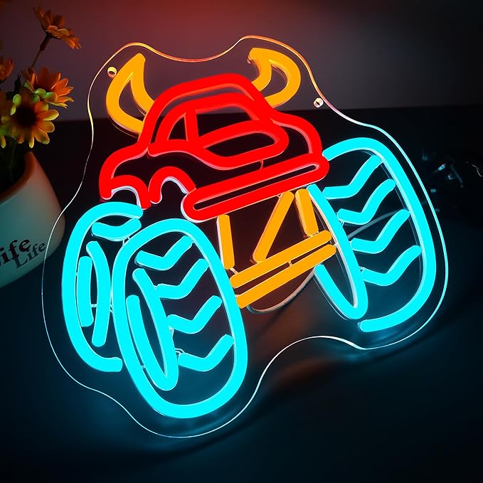 Monster Truck Neon Sign for Wall Decor Monster Truck LED Neon Light for Teen Boy Room Bedroom Playroom Living Room Bar Party Garage Man Cave Decor Birthday Gifts Dimmable Size 11.4 * 11.2 In(TWP323)