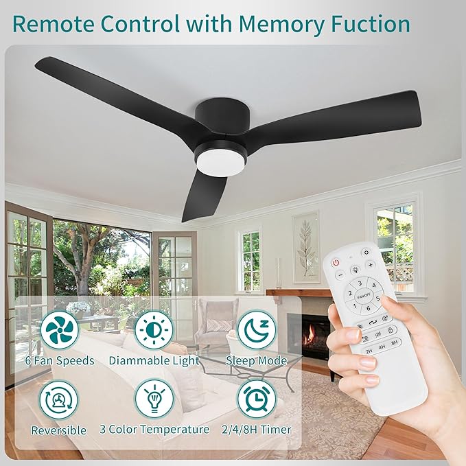 52inch Ceiling Fan with Lights,Flush Mount Ceiling Fan with Remote Control,Dimmable Light,3 Blade,6 Speeds,Mordern Black Ceiling Fan for Bedroom,Dining Room,Hallway