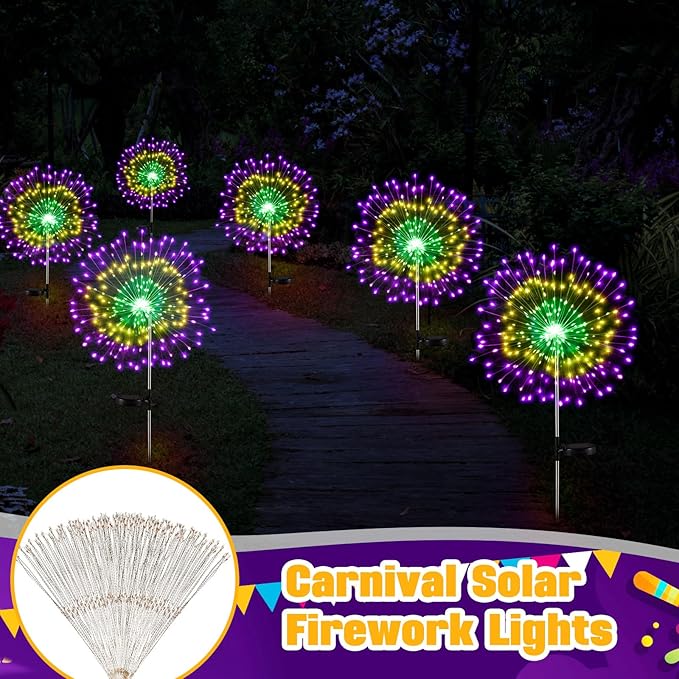 6 Pcs Mardi Gras Solar Firework Lights Solar Lights Outdoor Garden 120 LED 8 Modes Waterproof LED Sparkler Outdoor for Carnival Patio Yard Pathway Walkway (Carnival Color)