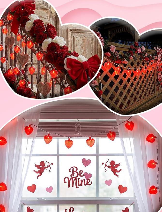 Abeja 8.5Ft Red Heart String Light, Valentine Day Decoration Lights with10 Red Heart, Connectable Fairy Heart String Lights for Valentine's Day Bedroom Wedding Anniversary Outdoor Indoor Decor