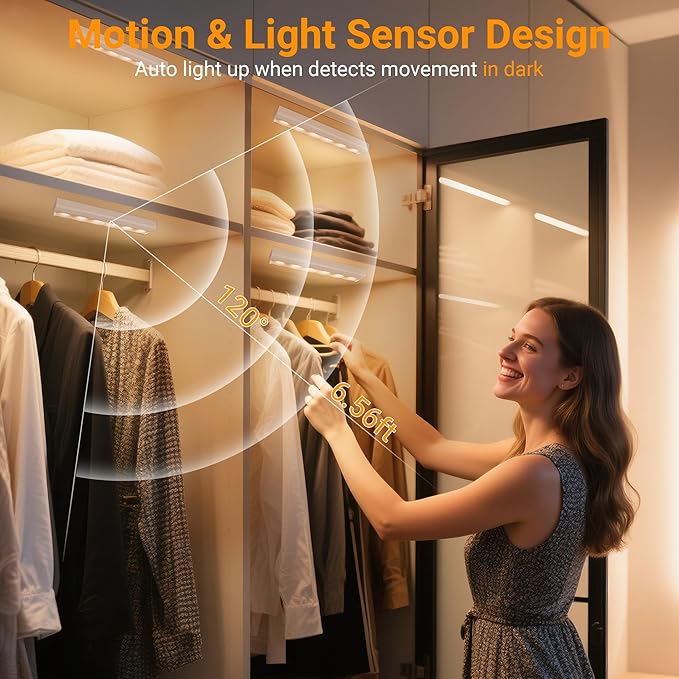 maylit 8 Pack Motion Sensor Light Indoor, Battery Operated Lights, Wireless Magnetic Night LED Bar, Stick on Lighting for Closet, Stair, Shelf, Hallway, Bed, Pantry, Under Cabinet, 3000K Warm White