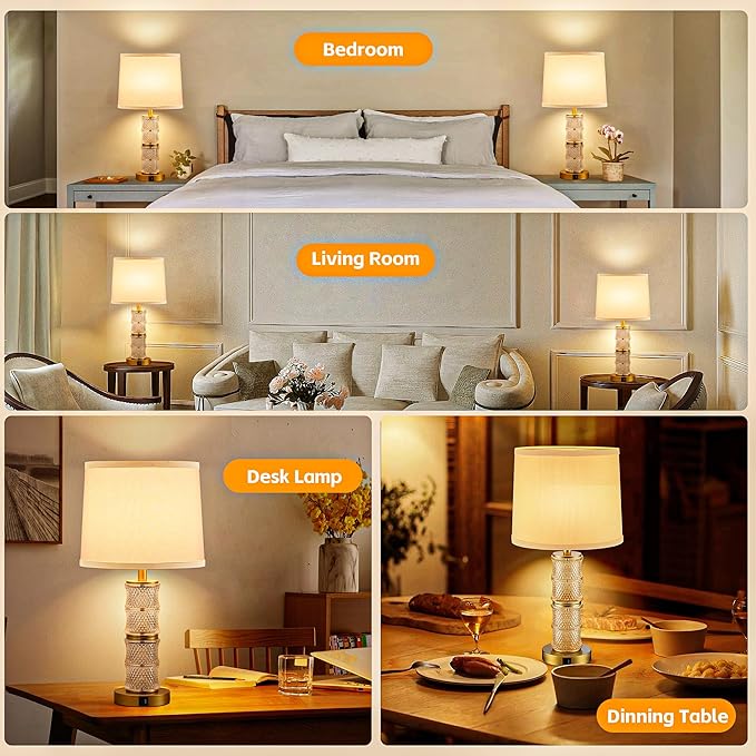 GRUENLICH Crystal Table Lamp Set of 2, 3-Way Dimmable Nightstand Lamp with Touch Control, USB C+A Charging Ports for Living Room Bedroom End Tables Office and Entryway （Gold）