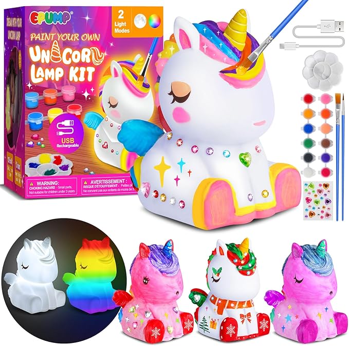 EPUMP Paint Your Own Unicorn Lamp Kit - Rechargeable 1200mAh Night Light with 2 Light Modes, Arts and Crafts Painting Toys for Girls Boys, Art Supplies Birthday Gifts for Kids Ages 3-12+