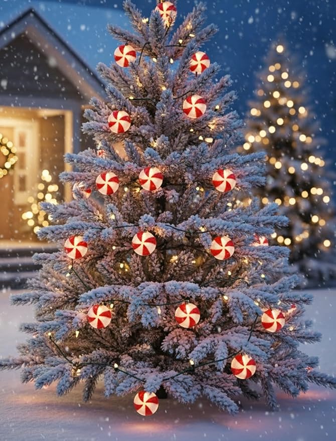 8.5Ft Christmas Candy String Lights, Old Fashioned Christmas Decorations Lights with 10 Red White Peppermint Candy Light Bulbs, Vintage Candy Ornaments Light for Xmas Tree Outdoor Indoor Party Decor
