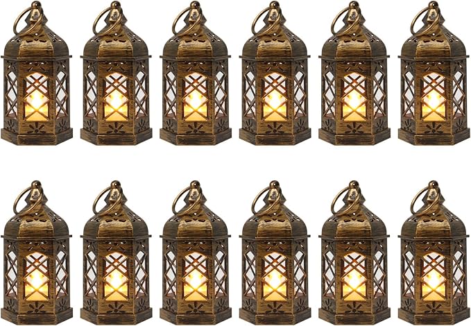 LLQ Mini Lantern with LED Candle, 12PCS Small Lanterns Decorative Indoor, Vintage Moroccan Lights for Halloween Decorations, Hanging Ornaments for Christmas, Table Centerpiece, Boho Wedding Decor