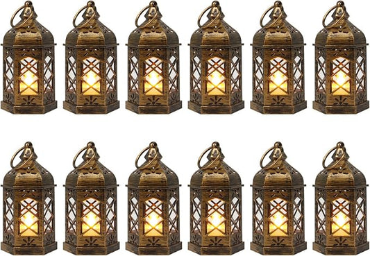 LLQ Mini Lantern with LED Candle, 12PCS Small Lanterns Decorative Indoor, Vintage Moroccan Lights for Halloween Decorations, Hanging Ornaments for Christmas, Table Centerpiece, Boho Wedding Decor