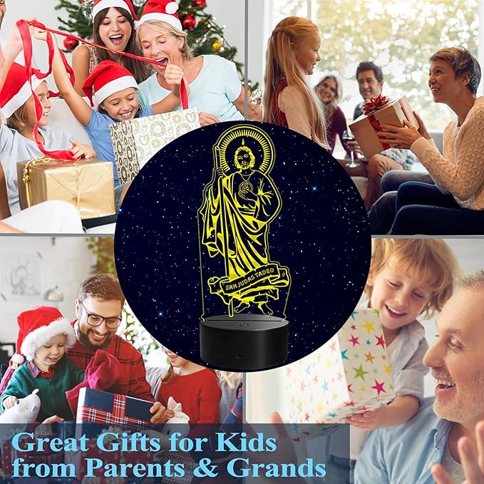 San Judas Tadeo Night Light, Judas Tadeo Decor, 3D Illusion Lamp with Remote Control, 16 RGB Colors, 4 Flashing Modes, Timer, Kids Room Decor