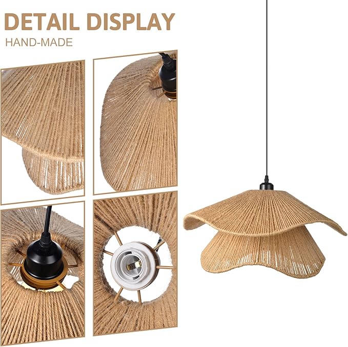 Arturesthome Rustic Woven Pendant Light, Coastal Jute Rope Lampshade Hanging Lighting Fixture,Adjustable Vintage Farmhouse Chandelier Lamp Shade for Kitchen Island Dining Table Room