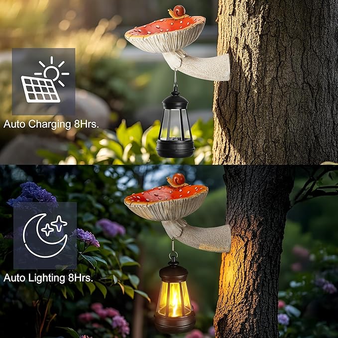 Mushroom with Snail and Lantern Cute Solar Statue Light Garden Decoration Resin Decoration Painted Design Craft Ornament for Indoor Outdoor Gift(Red)