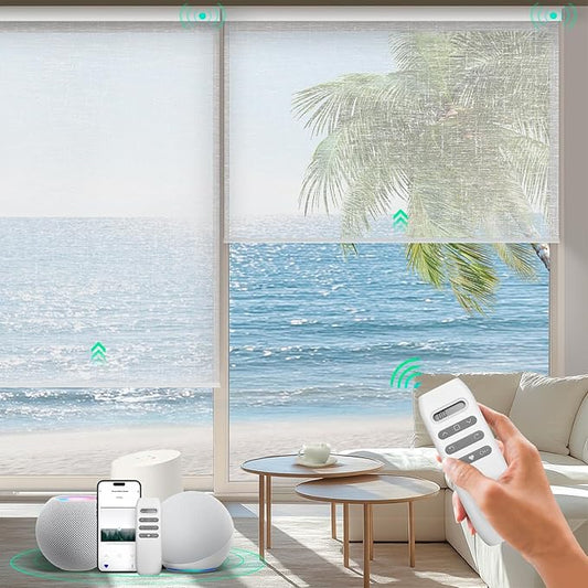 HeyBlinds Motorized Roller Shades, Smart Blinds for Windows, Remote Automatic Window Shades, Electric Shades, Light Filtering, Compatible with Alexa Google Apple Home (Starry-White LF)