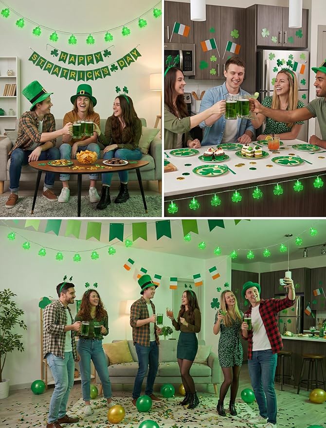 Outdoor St. Patrick's Day String Lights, 8.5Ft St. Patrick Decoration Lights with 10 Clover Lights, Plug in Shamrocks Lights Indoor for Garden Bedroom Birthday, Green Clover Decor