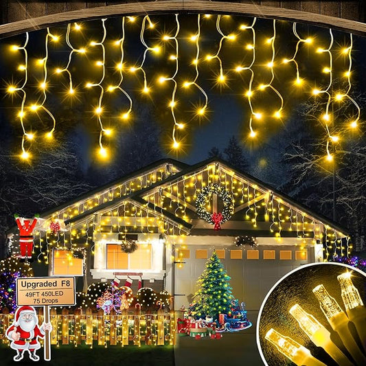 Christmas Lights Outdoor, 98FT 900LED Ice Lights for Outside, Ice String Lights with 8 Modes, Waterproof Timer Memory Hanging Light for Eaves Party Yard Garden(Warm White)