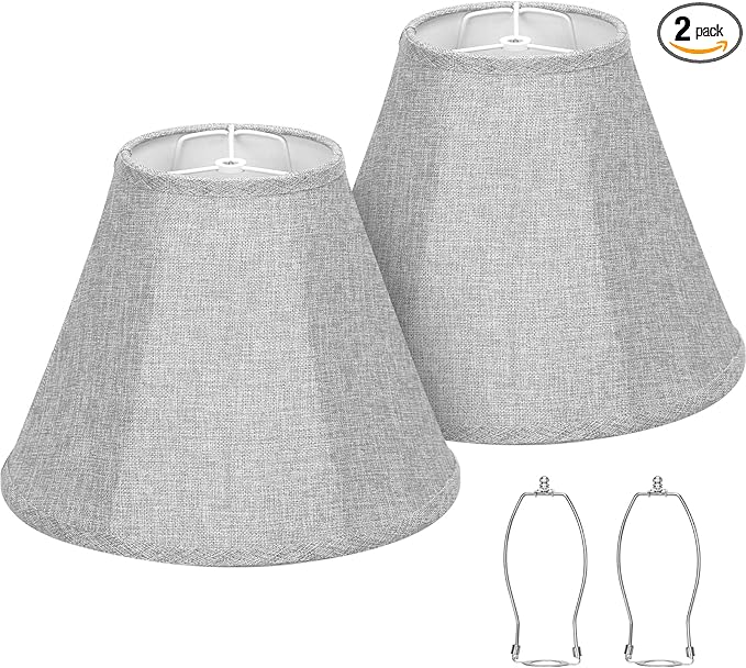 Bell Lamp Shades Set of 2, Gray Fabric Lampshades 6"Top x 13"Bottom x 10"High Medium Shade Replacement, Natural Linen Hand Crafted(Spider Fitter), Harp Holders Included, Easy Assembly Required