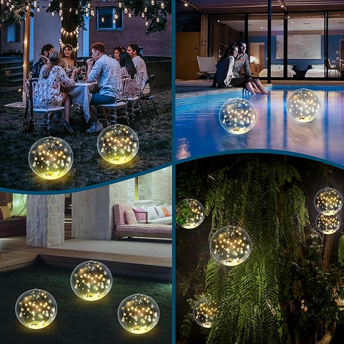 Solar Floating Pool Lights, 14" Inflatable Warm White LED Pool Lights That Float, Waterproof Pool Light Balls, Pool Accessories for Swimming Pools Yard Patio Party Outdoor Decor - 4 Pack