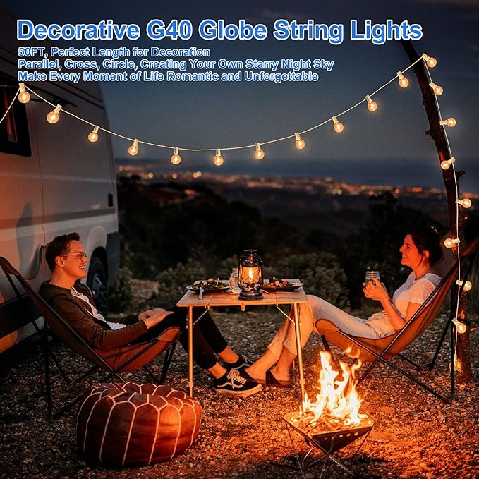 100ft Outdoor G40 LED Globe String Lights Dimmable Shatterproof Waterproof Light Strings with 52 Bulbs Connectable Commercial Hanging Lights for Patio Balcony Backyard Party (White Wire, 2-Pack)