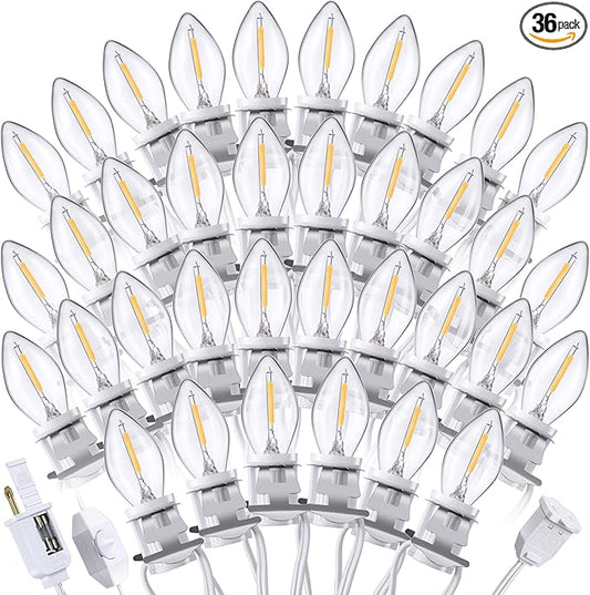 Meonum Accessory Cord with LED C7 Light Bulbs,Christmas Village Indoor Blow Mold Light Cord with Female Plug, Rotary On/Off,for Halloween Pumpkin,Holiday Craft Projects Decoration(60 ft,36 Packs)