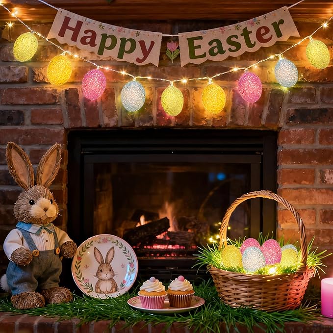 LED Easter Egg Lights String, 10ft 10 LED Pastel Lights, Steady On Easters Eggs Ornaments Battery Powered for Easter, Party, Home Decorations, White Wire