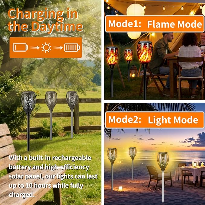 Solar Lights Outdoor Upgraded 6 Pack, 22" Tall & Super Larger Size, Waterproof Tiki Torches for Outside, 2200mAh Solar Solar Torch Light with Flickering Flame for Path Yard Garden