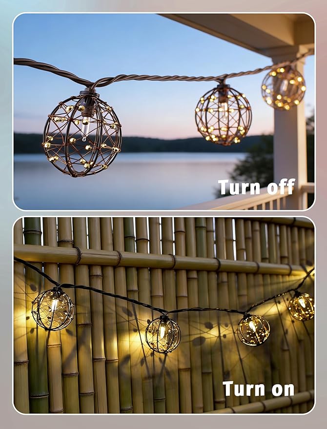 8.5Ft Outdoor Decorative Patio Lights, 10L Beaded Copper Wire Ball Style Lantern Lights, Connectable Weather-Resistant Indoor Outdoor Boho String Lights for Home Pergola campings Porch Party Backyard
