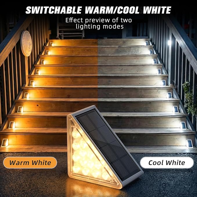 NIORSUN Solar Step Lights 8 Pack - Outdoor Stair Lights with 3000K Warm White & 6000K Cool Daylight, IP67 Waterproof, Auto On/Off, Super Bright for Deck, Patio, Steps