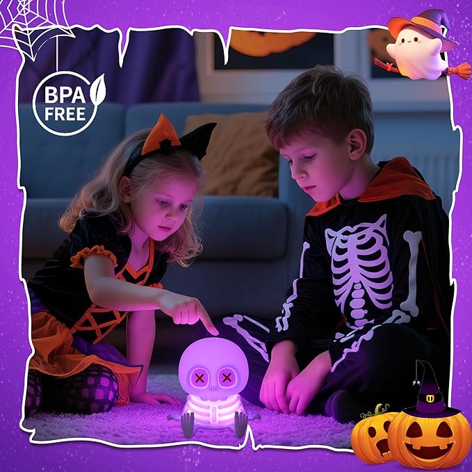 Skull Night Light, Cute Silicone LED Skeleton Lamp, Color Changing & Dimmable Helloween Room Decor, Squishy Cordless Rechargeable Nightlight, Bedside Light for Christmas Halloween Gifts