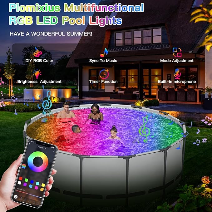Pool Lights, 18W Underwater Submersible Light, Above Ground Pool Lights with APP Control, RGB Dimmable, Music Sync, IP68 Waterproof, 12V Pool Light for Aboveground Inground Pools
