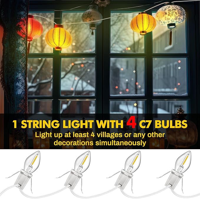Meonum 2 Pack Christmas Village Lights with 4 LED Light Bulbs, 12 Ft Blow Mold Light with C7 Lamp, Rotary On/Off, Female/Male Plugs, Spare Fuses, Accessary Cord for Halloween Christmas Village House